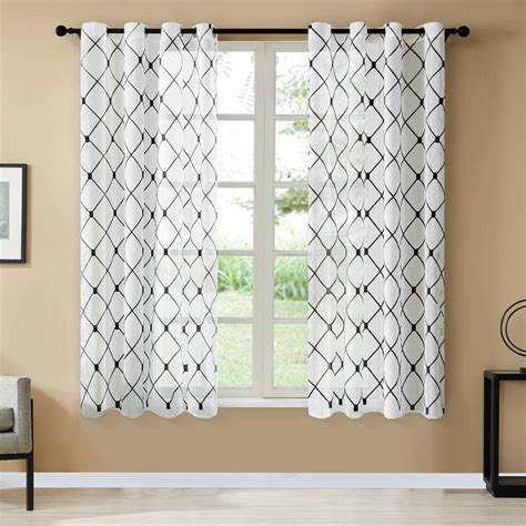 Topfinel White Sheer Curtains 63 Inch Length Black Embroidered Diamond ...