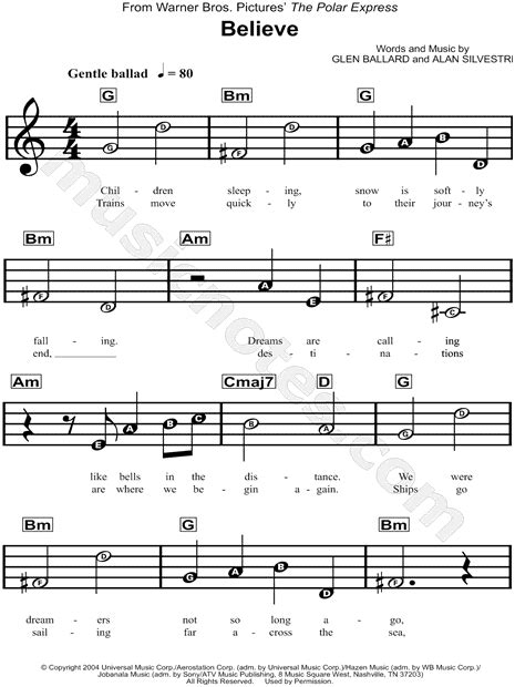 "Believe" from 'The Polar Express' Sheet Music for Beginners in C Major ...