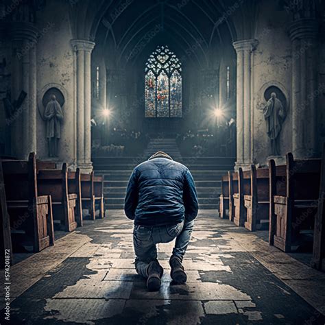 Man praying on his knees in a church. Generative AI. Stock Illustration ...