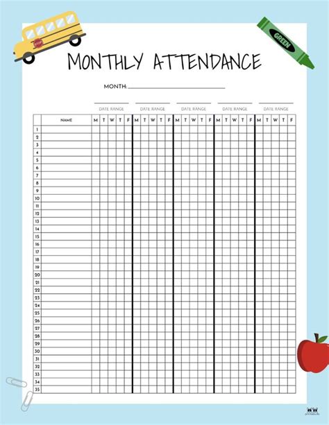 Printable Monthly School Attendance Sheet-7 | Attendance sheet template ...