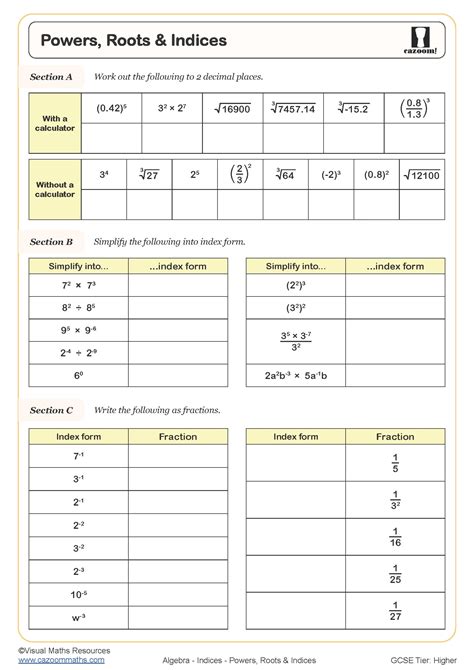 Powers, Roots and Indices Worksheet | Cazoom Maths Worksheets