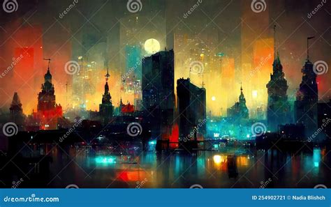 Beautiful Night Cityscape Abstract Digital Art Illustration Stock ...