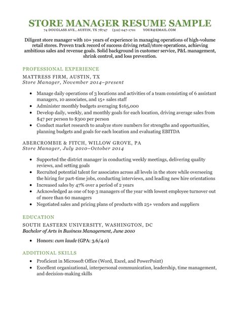 Store Manager Resume (Example for Download)