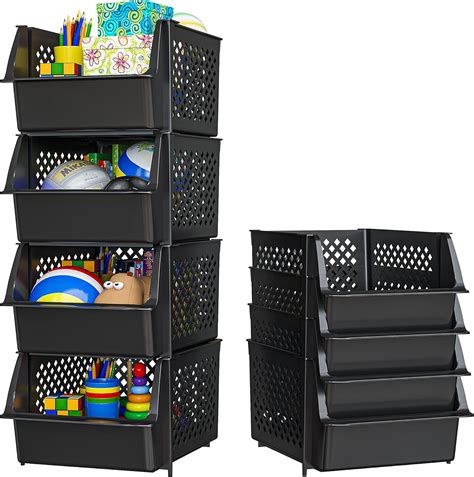 Buy Skywin Plastic Stackable Storage Bins for Pantry - 4-Pack Black ...