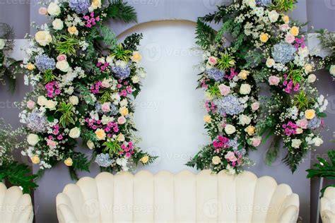 Wedding decorations. Wedding backdrop with flowers and Indonesian ...