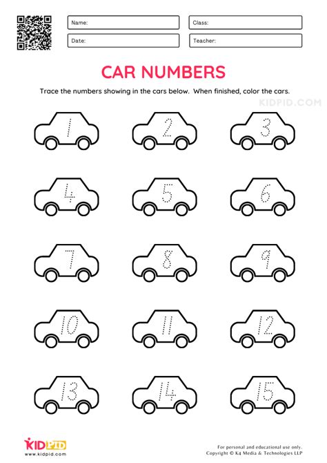 Car Numbers Tracing Worksheets for Kids - Kidpid