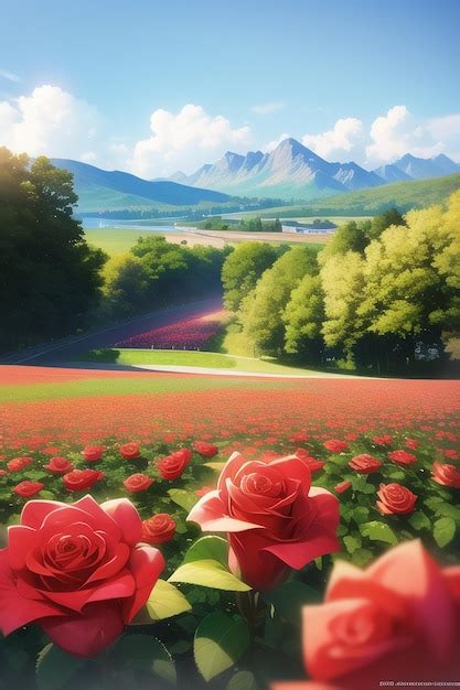 Premium AI Image | A painting of a field with red roses in the foreground.