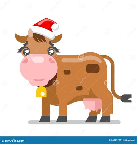 Cow Animal Santa Claus Hat New Year Ox Flat Design Flat Design Vector ...