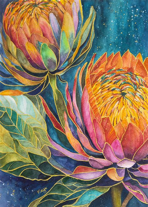 Protea Symphony – original watercolour painting – Kay Shanley Art