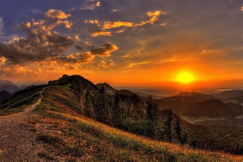 Download Horizon Sun Path Tree Mountain Nature Sunset HD Wallpaper