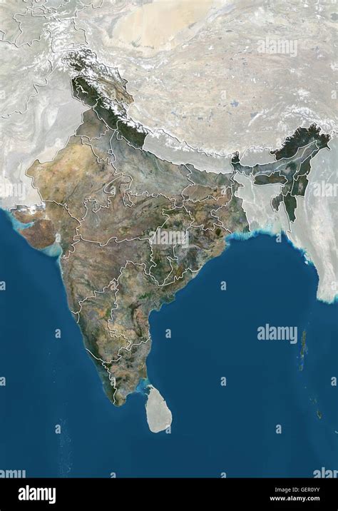 Vista satélite de la India con los límites administrativos y máscara ...