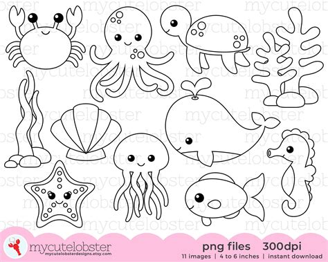 Sea Creatures Digital Stamps Outlines Line Art Cute Sea - Etsy