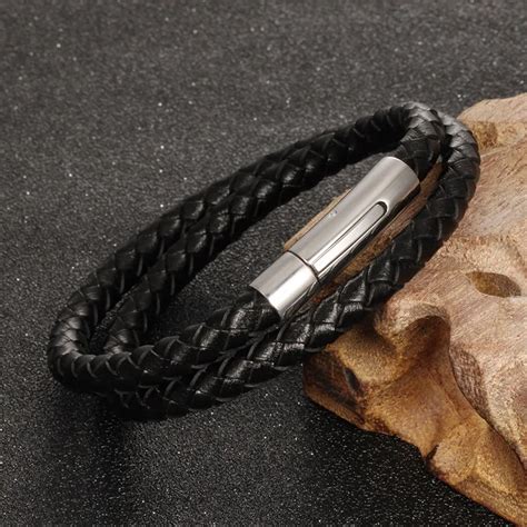 Mens Bracelet 2 Layers Black Braided Leather Bracelets for Men ...