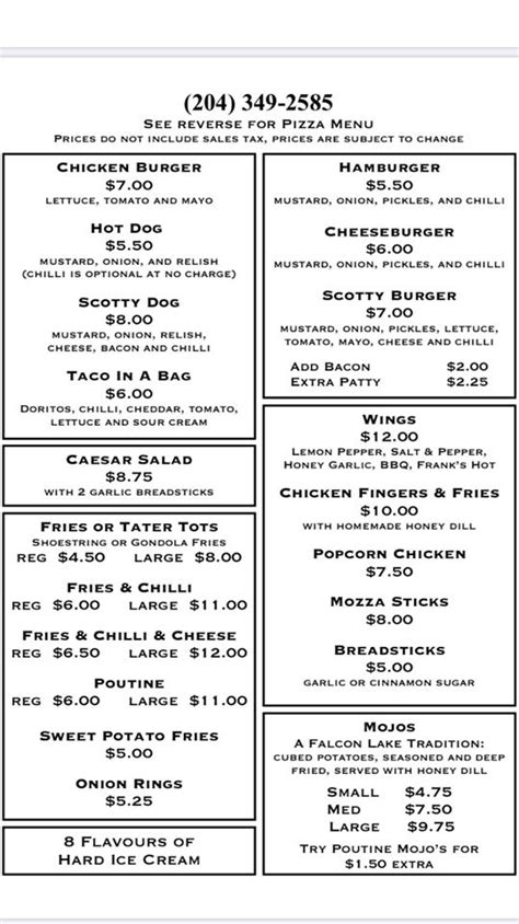 Menu at Scotty's Drive In pizzeria, Falcon Beach