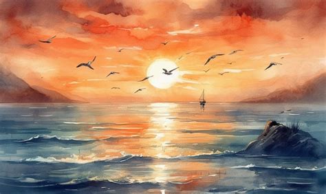 Premium AI Image | A painting of a sunset with seagulls flying over the ...