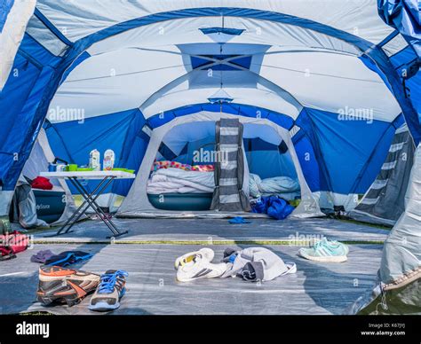 Interior of a family tent for camping outdoors in a field Stock Photo ...