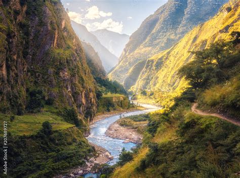 Colorful landscape with high Himalayan mountains, beautiful curving ...