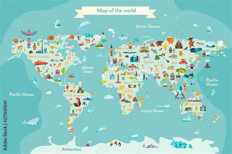 World travel map with landmarks, animals and sight of country. Vector ...