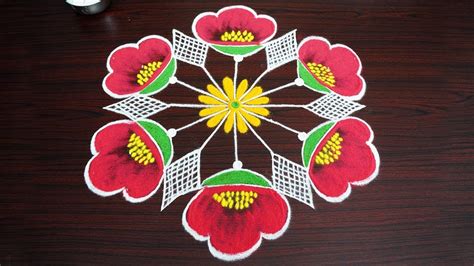 Simple and easy flower rangoli design with 9x5 middle dots - kolam ...