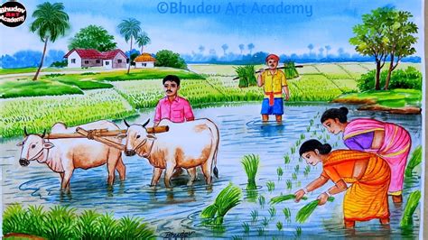 Indian Village Farmer Painting With Watercolor|How To Draw Easy Village ...