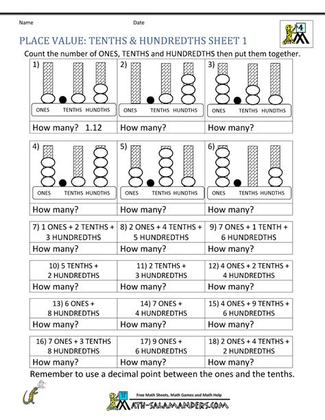 Decimal Place Value Worksheets 4th Grade