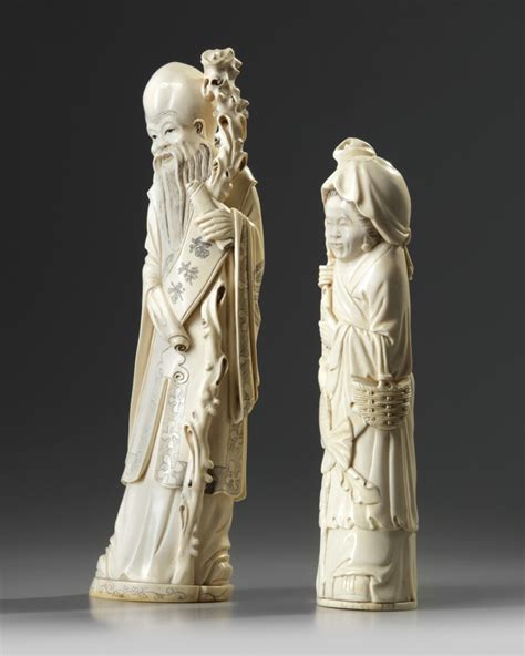 A large Chinese ivory carving of a fisherwoman and a Shoulao | OAA