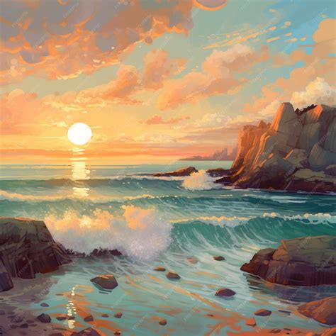 Premium AI Image | A painting of a sunset with the sun setting on the ...