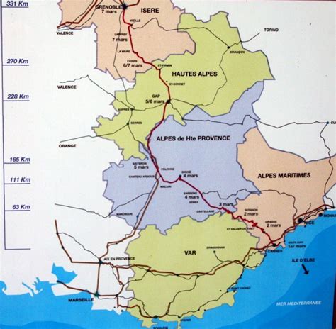 Map of the Route Napoléon, the route taken by French emperor Napoléon I ...