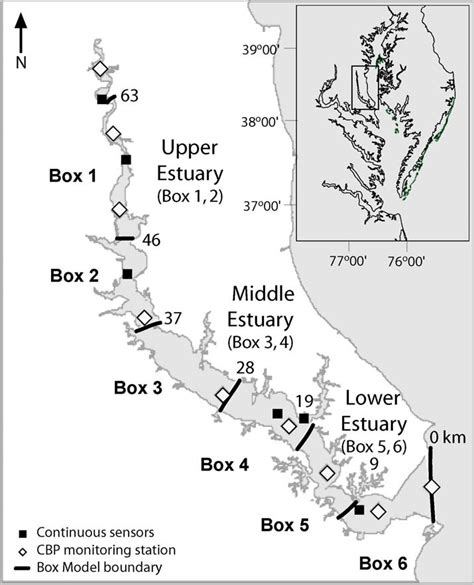 1: Map of the Patuxent River estuary with Chesapeake Bay (inset ...