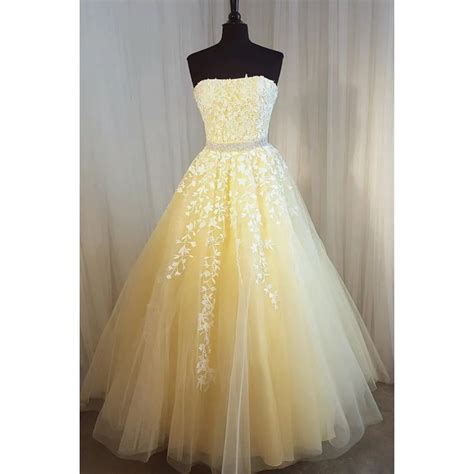 Elegant Light Yellow Long Dress Evening Dress Strapless A Line Lace ...