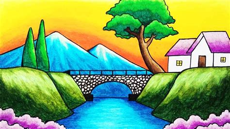 How to Draw Easy Scenery of Mountain, Bridge and River Step by Step ...