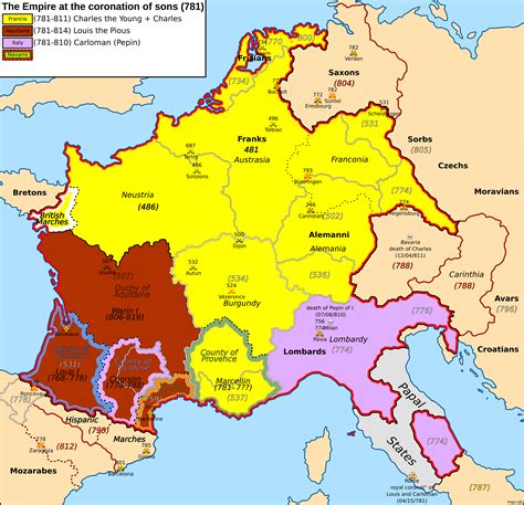 The expansion of the Carolingian Empire with borders at the coronation ...