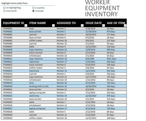 Work Equipment Inventory Sheet