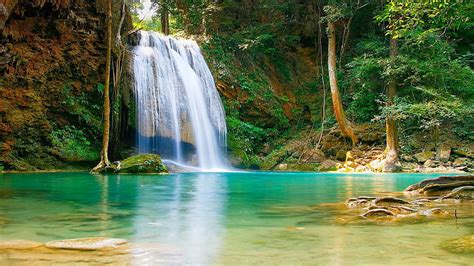 HD wallpaper: Nature Falls Pool With Turquoise Green Water Rock Coast ...