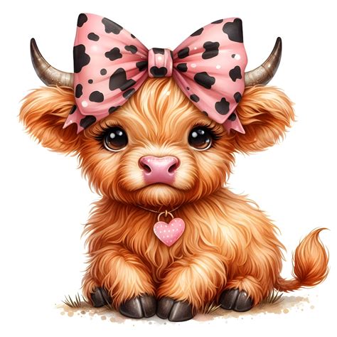 Highland Cow Watercolor Clipart Cute Leopard Bow Baby Cow PNG and JPG ...