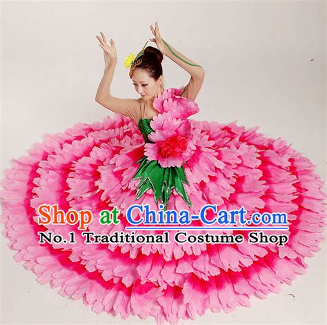 Chinese Flower Dance Costumes and Headwear Complete Set for Women