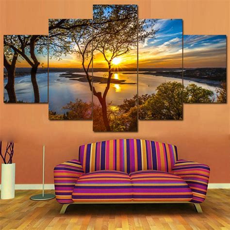 Beautiful Sunrise Lakeview – Nature 5 Panel Canvas Art Wall Decor ...