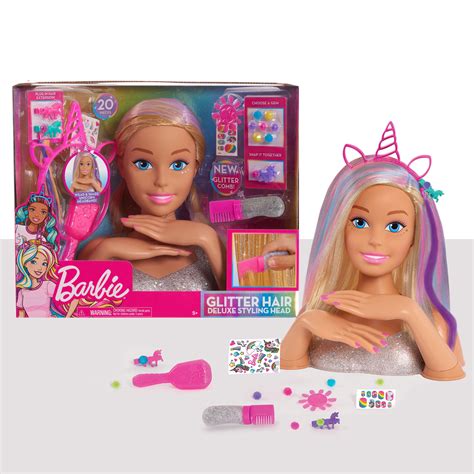 Barbie Deluxe 20-Piece Glitter and Go Styling Head, Blonde Hair and ...