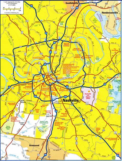 Printable Map of Nashville TN United States with street names Tennessee ...