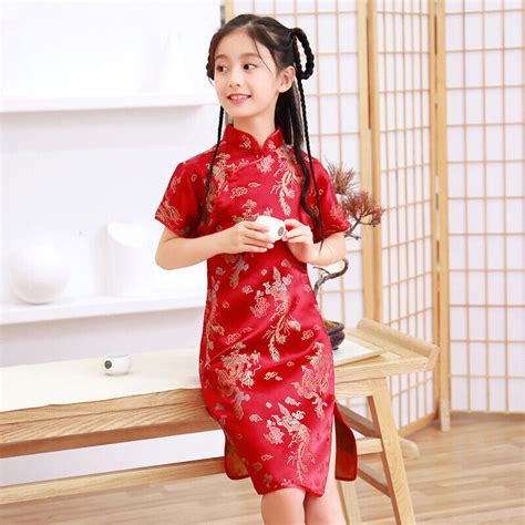 China Red Childrens Girls Chinese Asian Gold Dragons Satin Qipao ...