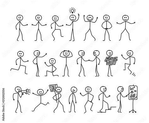 Set of man drawing, different poses, stick figure people pictogram ...