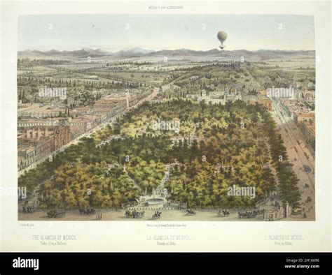 Lithograph ca. 1869 of the Alameda park in Mexico City taken from a ...