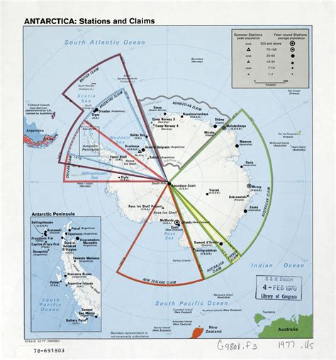 Large detailed map of the Antarctica stations and claims - 1977 ...