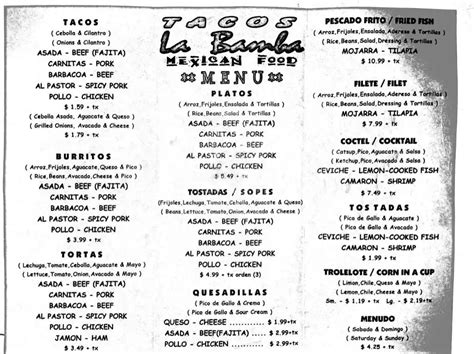 Menu at Tacos La Bamba restaurant, Beaumont, Calder Ave