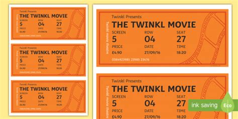 Cinema Ticket Template for Cinema Role play (Teacher-Made)