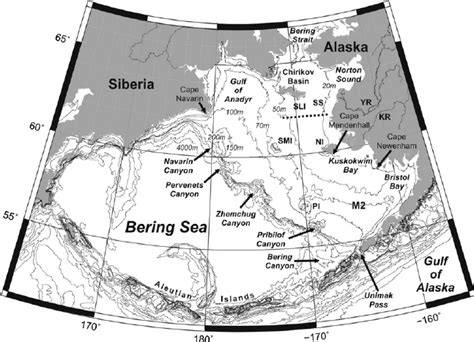 Map of the Bering Sea labeled with place and feature names employed in ...