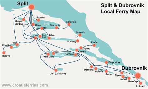 Split, Dubrovnik and Islands Local Ferry Map - Croatia Ferries