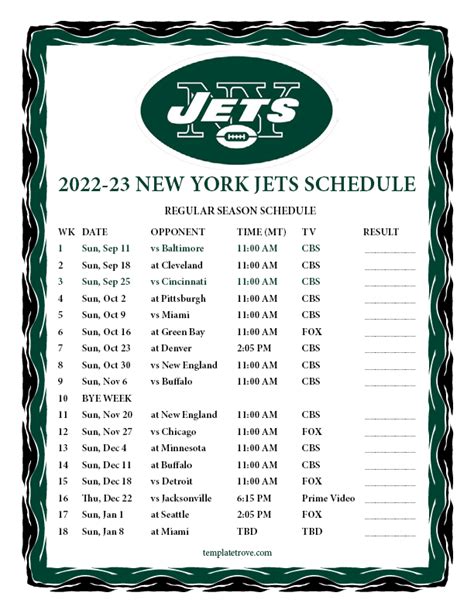 New York Jets Printable Schedule 2023 24