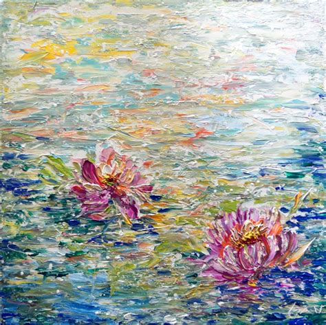 Japanese LOTUS Flowers WATER Lilies Painting Impasto Original Painting ...