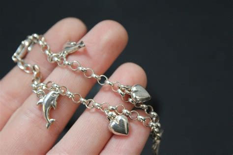 Sterling Silver Dolphins and Hearts Charm Bracelet, Dolphin Charm ...